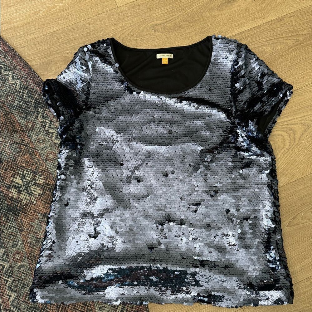 Anthropologie Leifsdottir Slate Navy Blue Sequin Paillette Short Sleeve Top